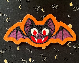 Chainstitch Embroidered Halloween Vampire Bat Iron-on Patch - Orange, Black, Red, and Purple | Cute Retro Spooky Patch