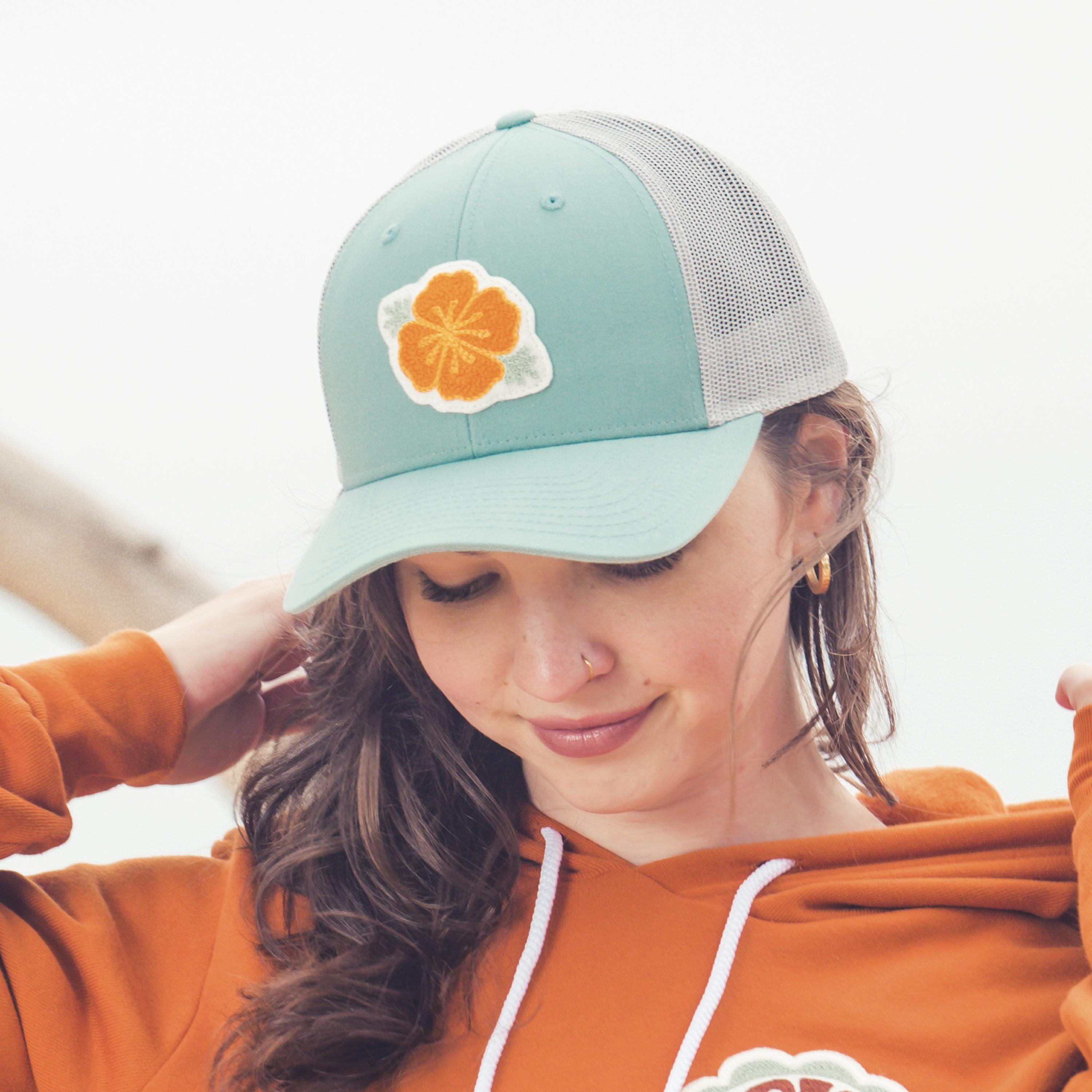 Tie-Dye Orange & Blue poppy Flower Trucker Hat Trucker - Poppy CA Love - Light Blue/Khaki – Kooh Culture main image 4