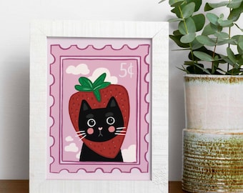 Strawberry Cute Cat Stamp Art Print Wall Decor