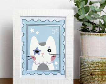 Cute Clown Cat Stamp Art Print Wall Decor