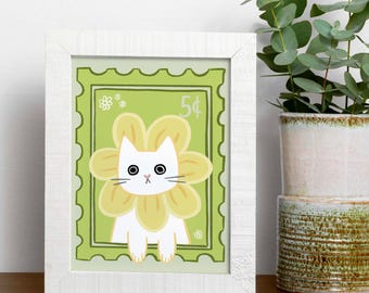 Floral Flower Cute Cat Stamp Art Print Wall Decor