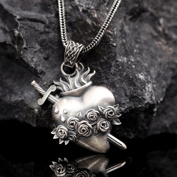 Collier coeur avec épée homme, collier en argent homme pendentif coeur, collier coeur en argent sterling avec fleur, bijoux coeur homme, cadeau pour homme