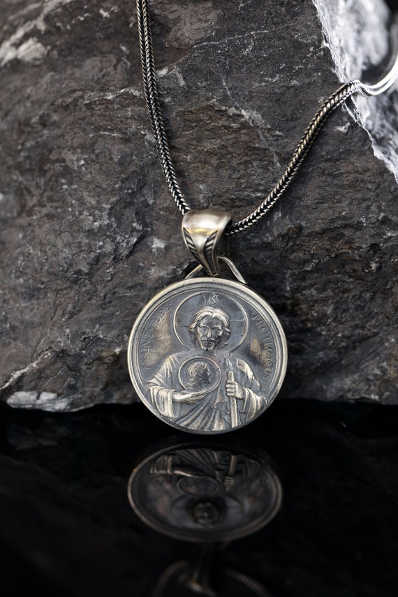 Silver Saint Jude Men Necklace oxidized Saint Jude Pendant