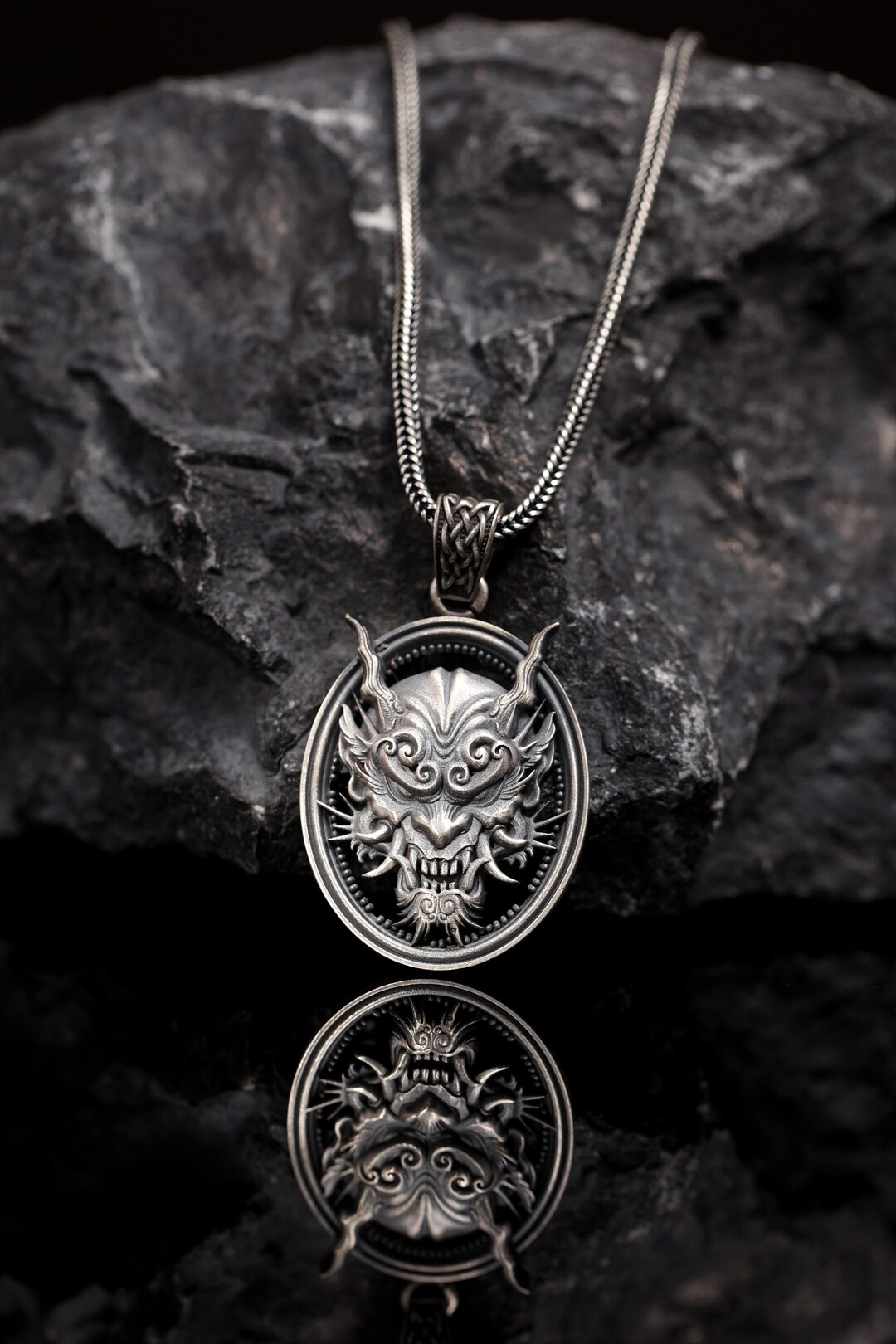 Oni Mask Necklace Men,sterling Silver Oni Mask Necklace,oni Mask Jewelry for Men,handmade