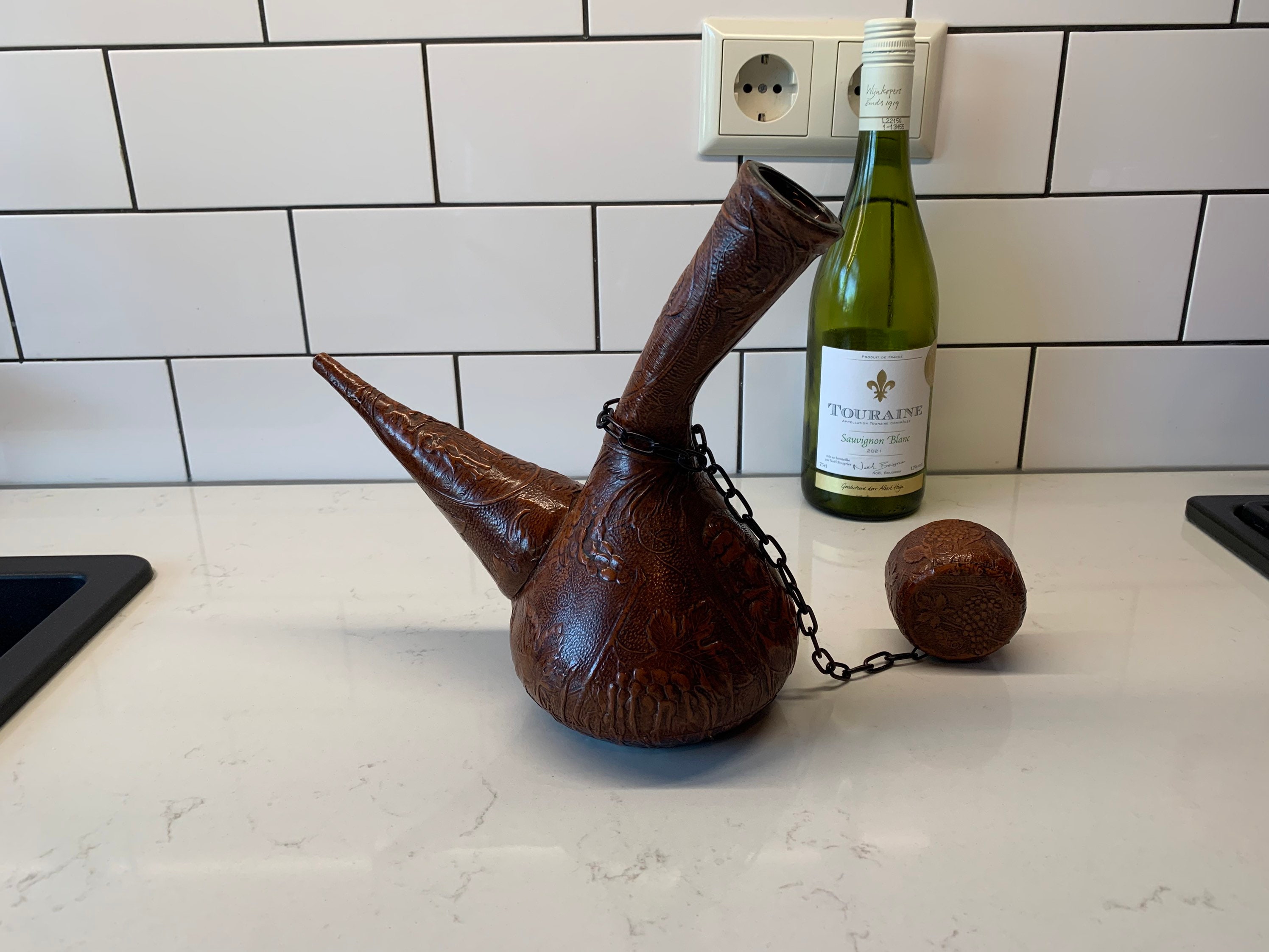 Spanish, PORRON Tooled Leather Cover, Leather Decanter, Vintage Wine