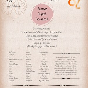 Löwe - Sternzeichen Personality Guide - Digital druckbare Seiten - Grimoire Seiten - Astrologie - Sternzeichen Sammlung - Buch der Schatten
