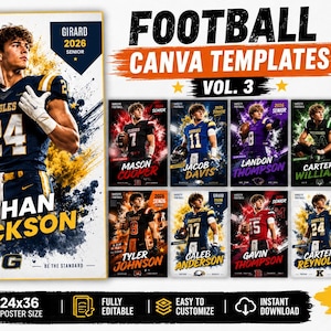 May include: A collection of 10 customizable football poster templates for Canva, featuring dynamic action shots of athletes in varsity uniforms with vibrant smoke effects, bold typography, and text including Football Canva Templates Vol. 3.