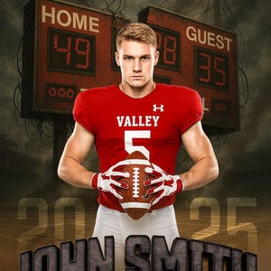 May include: A football player in a red jersey with the word "VALLEY" and the number "5" on it, holding a football. The scoreboard shows the score as 49-35. The name "JOHN SMITH" is displayed below.