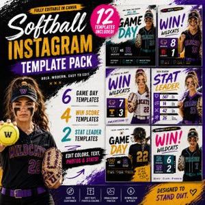 May include: A softball Instagram template pack with 12 templates included. The design features a player holding a softball, game day graphics, and score templates. The text includes "Softball Instagram Template Pack" and "Game Day".