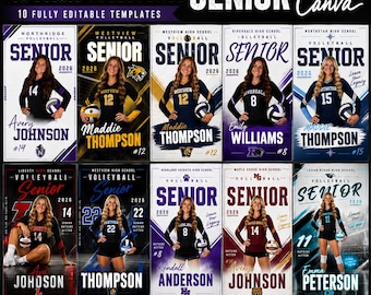 May include: A set of 10 fully editable volleyball senior banner templates for Canva. Each template features a high school athlete in uniform with a volleyball, school name, player name, number, and the year 2026. The designs include various color schemes.