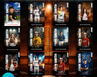 May include: A bundle of 12 baseball and softball templates. Each template features a player's name, number, and team. The templates are designed for Valley High School and are editable in Canva.