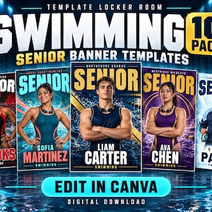 Könnte beinhalten: Ein digitales 10er-Pack Schwimm-Banner-Vorlagen für Senioren mit anpassbaren Designs, Athleten in Badekleidung, fettgedrucktem Text mit Namen wie Brooks, Sofia Martinez, Liam Carter, Ava Chen, Ethan Patel und dem Text Edit in Canva.