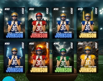 May include: An 8-pack bundle of baseball and softball templates. Each template features a football player in a different color uniform with the name "Tony Johnson" and the number "30". The text "EDITABLE CANVA TEMPLATES" is also included.