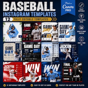 May include: A set of 12 digital baseball Instagram templates featuring various layouts for game days, player profiles, and final scores. The designs include text elements like BASEBALL INSTAGRAM TEMPLATES, GAME DAY, and WIN, with placeholders for photos.