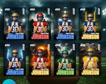 May include: An 8 pack football bundle of editable Canva templates featuring a football player wearing jersey number 30, labeled Tight End Johnson. Each card displays a unique background, including stadium lights, fire, and lightning effects.