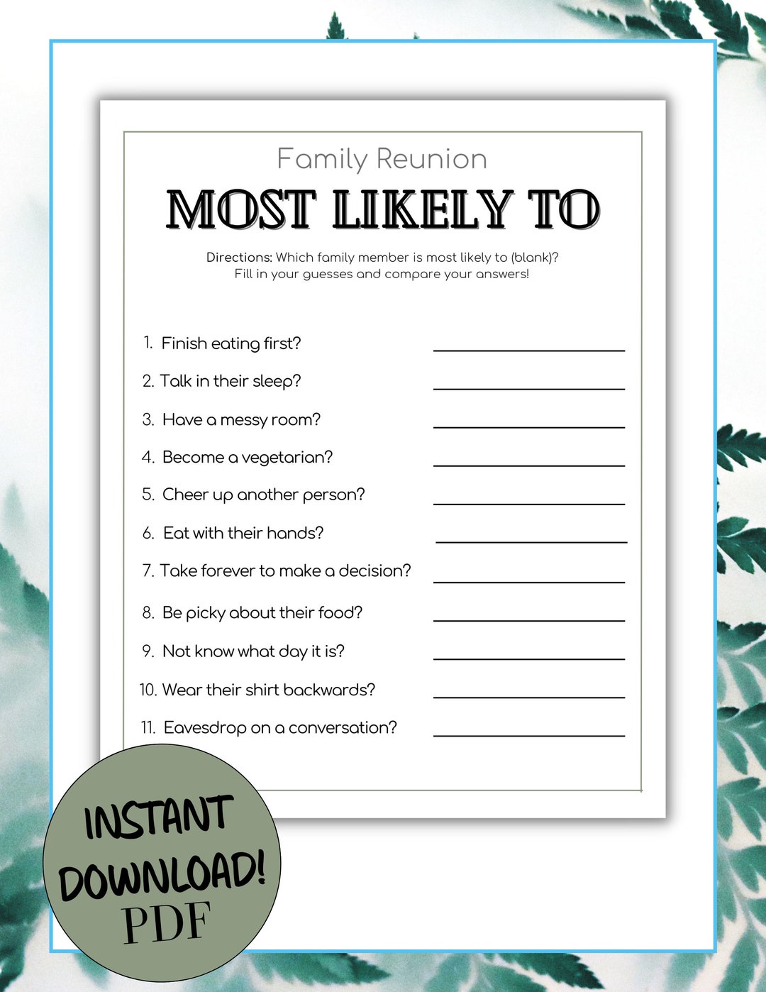 Family Reunion Game Printable, Most Likely to Game, Family Reunion Game
