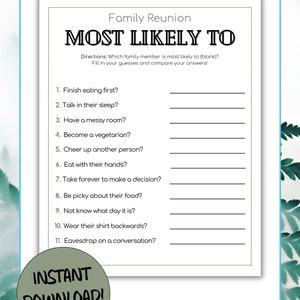 Family Reunion Game Printable, Most Likely To Game, Family Reunion Game, Fun Family Reunion Activity, Family Reunion Ideas, Family Reunion