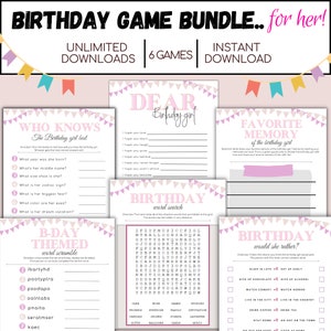 Printable Birthday Games For Her Birthday Party Game Bundle Instant Download Birthday Games Printable Girl Birthday Games