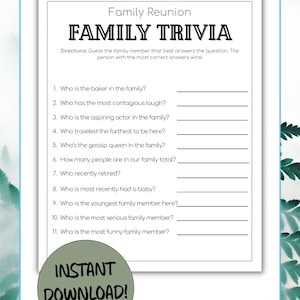 Family Trivia Game, Family Reunion Icebreaker, Family Reunion Game Printable, Indoor Family Reunion Activities, Family Reunion Quiz