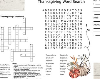 Pacchetto di giochi per il Ringraziamento: cruciverba, ricerca di parole, scramble (giochi stampabili)