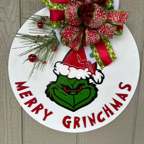 Handmade Wooden Grinch Door Hanger, Merry Grinchmas