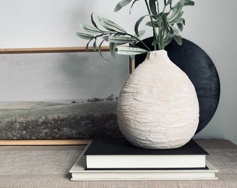 Distressed ceramic vessel, textured matte beige and white hand-painted ceramic bud vase