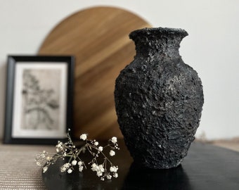 Distressed ceramic vessel, textured hand-painted black, brown and beige ceramic vase