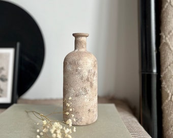 Distressed vessel, textured matte beige and brown hand-painted bud vase
