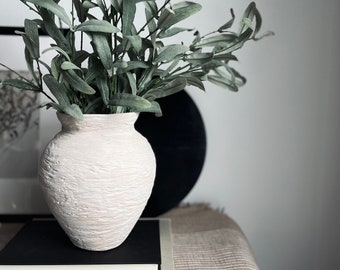 Distressed vessel, textured matte beige and white hand-painted vase