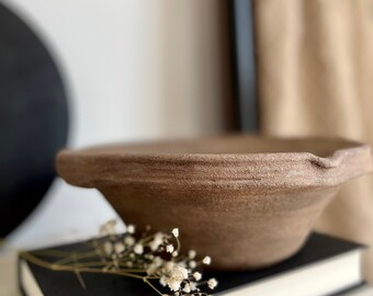 Distressed ceramic vessel, brown and beige textured ceramic rustic vase/pot