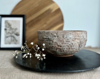 Distressed ceramic vessel, brown and beige textured ceramic rustic vase/pot