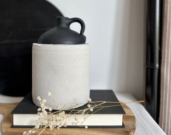 Modern textured hand-painted light gray/beige and black ceramic vase /pitcher