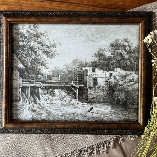 Bronze/brown frame with horizontal printed drawing matte photo paper with a vintage style - Landscape with water and trees black and white