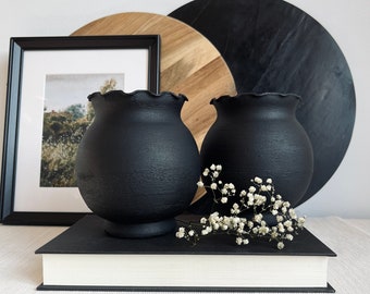 Modern textured matte black hand-painted set of 2 vases