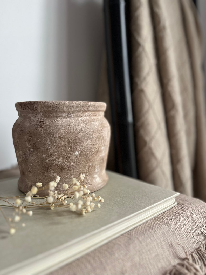 Distressed ceramic vessel, hand-painted textured vase/pot, beige and brown matte vase image 3