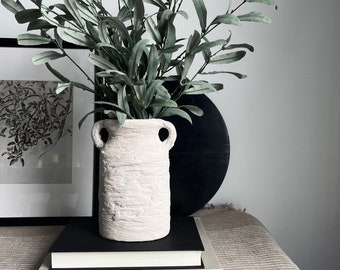 Distressed ceramic vessel, textured matte beige and white hand-painted ceramic vase with handles