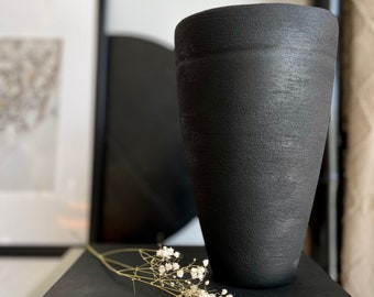 Modern textured matte black hand-painted ceramic vase