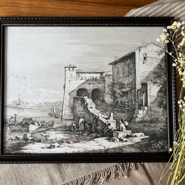 Brown frame with horizontal printed drawing on matte photo paper with a vintage style - Landscape with water and building black and white