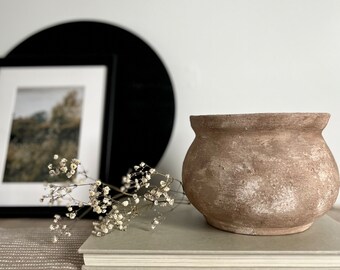 Distressed ceramic vessel, hand-painted textured vase/pot/bowl, beige and brown matte vase