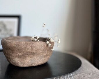 Vase/pot/bol marron et beige en céramique rustique texturé vieilli