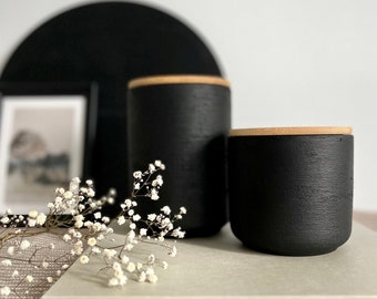 Set of 2 modern textured matte black hand-painted ceramic vases/containers/jars with lid