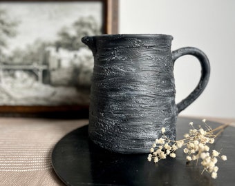 Distressed vessel ceramic pitcher, textured hand-painted matte black ceramic vase/pitcher/jug