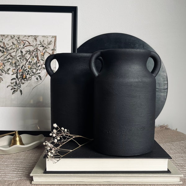 Modern textured matte black hand-painted ceramic vase/pot with handles