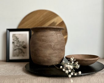 Distressed ceramic vessels, set of brown and beige textured ceramic rustic vase and pot/bowl/dish/tray