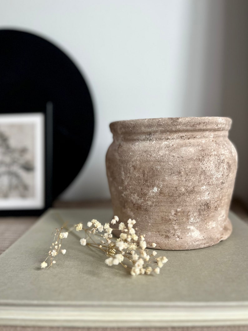Distressed ceramic vessel, hand-painted textured vase/pot, beige and brown matte vase image 1