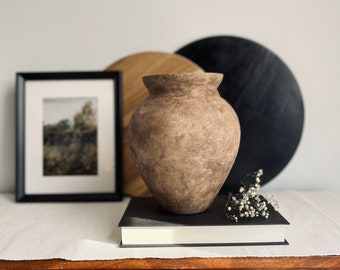 Distressed vessel, brown and beige textured rustic vase