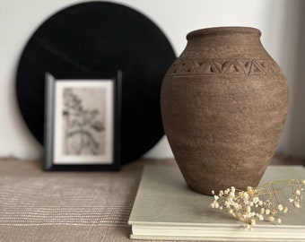 Distressed vessel, brown and beige textured ceramic rustic vase