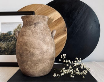 Distressed ceramic vessel, brown and beige textured ceramic rustic vase with handles