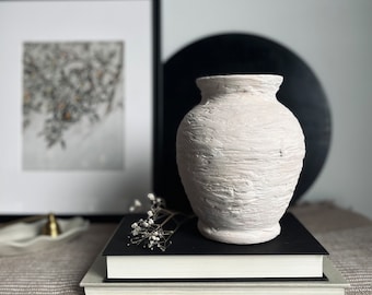 Distressed vessel, textured matte beige and white hand-painted vase