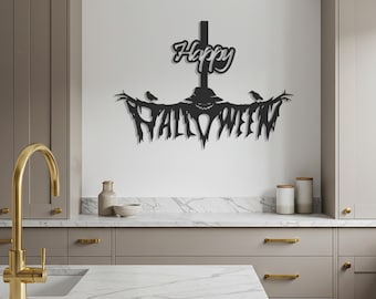 Happy Halloween Metallwandkunst, gruseliges Kürbis-Design, Halloween-Dekor für Haus & Büro, Halloween-Hexenbesen-Wanddekor, Metallwandkunst